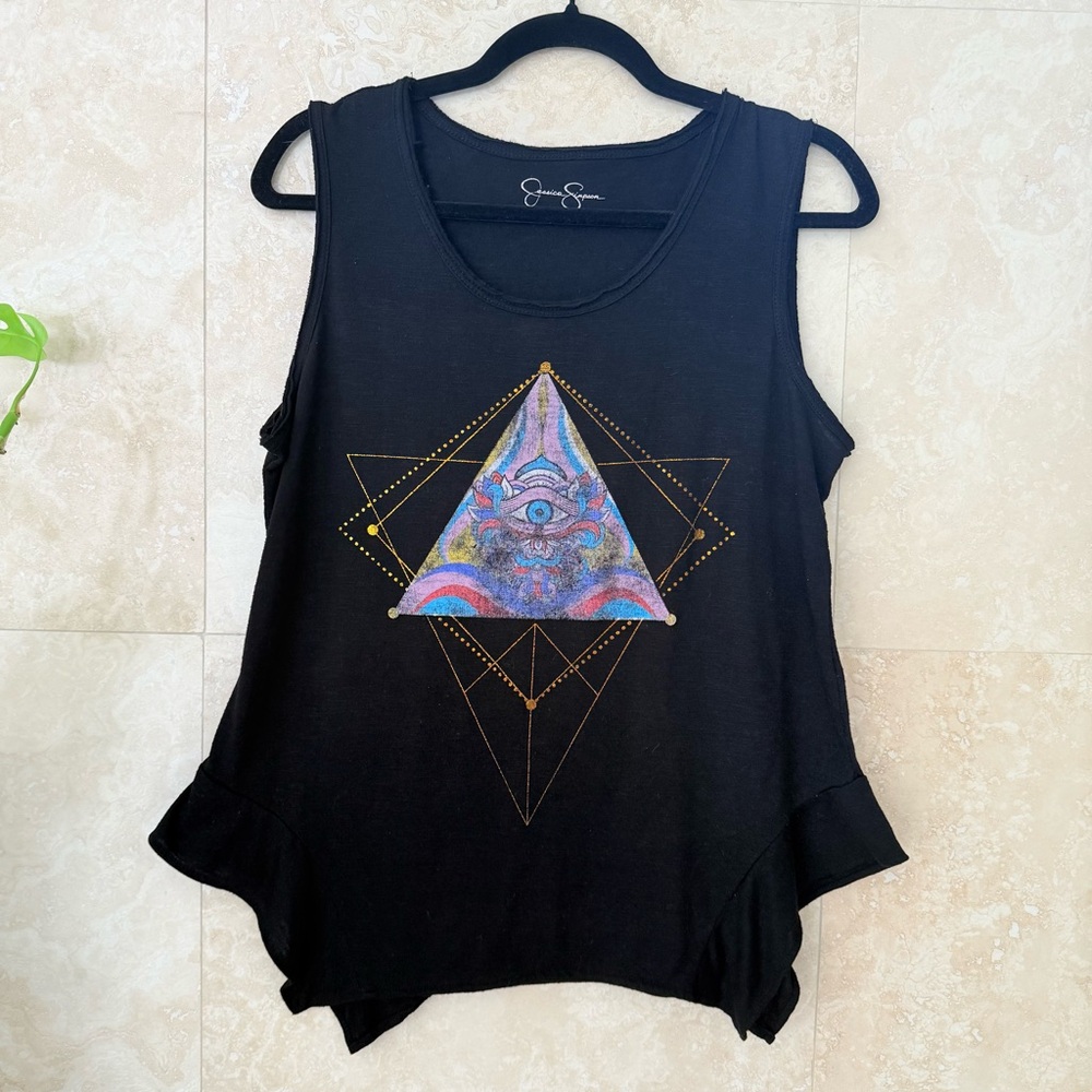 Jessica Simpson Black Graphic Tank Top Medium EUC